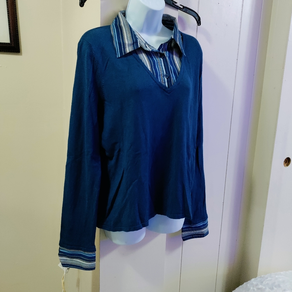 🔥FRED DAVID Dark Teal Sweater w/mock Striped Collared Shirt Underlay. Sz.XL Euc